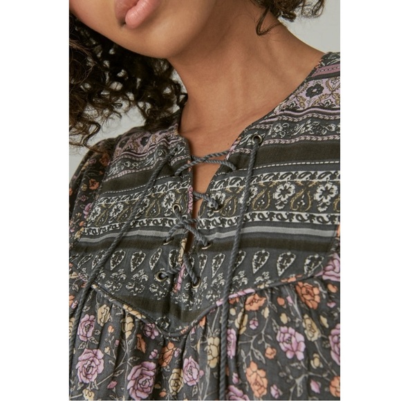 Lucky Brand Bohemian Hippie Retro 70s Lace Up Peasant Blouse Size Large - Picture 6 of 15